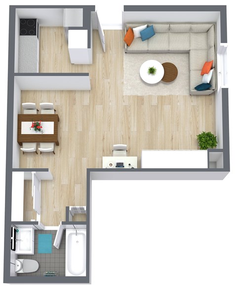 A top-down view of a small apartment with a kitchen, living room, and bathroom.